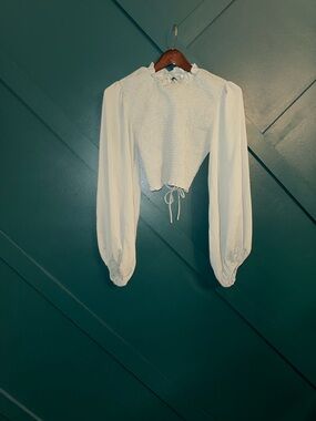 Petal & Pup White Smocked Ruffle-Neck Crop Top with Bishop Sleeves